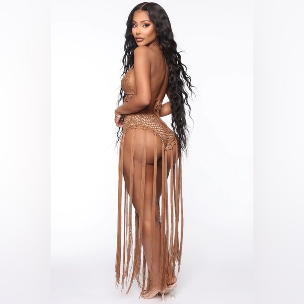 NWT Fashionnova Gypsy night crochet two piece Fringe cover up Mocha size M/L
